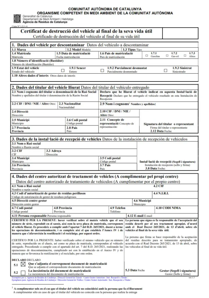 Certificado emitido por un CATV en Cataluña.