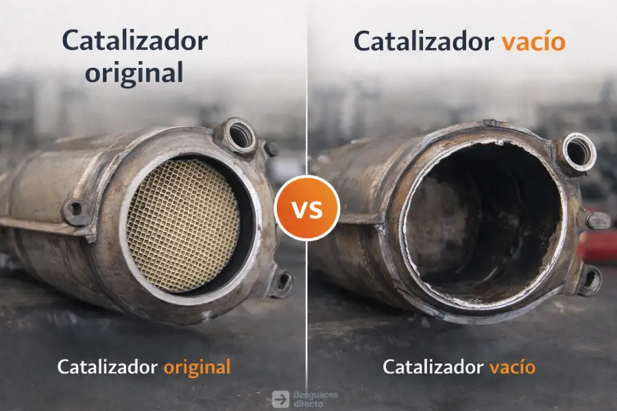 comparativa catalizador original con panal interior frente a catalizador vaciado sin estructura interna