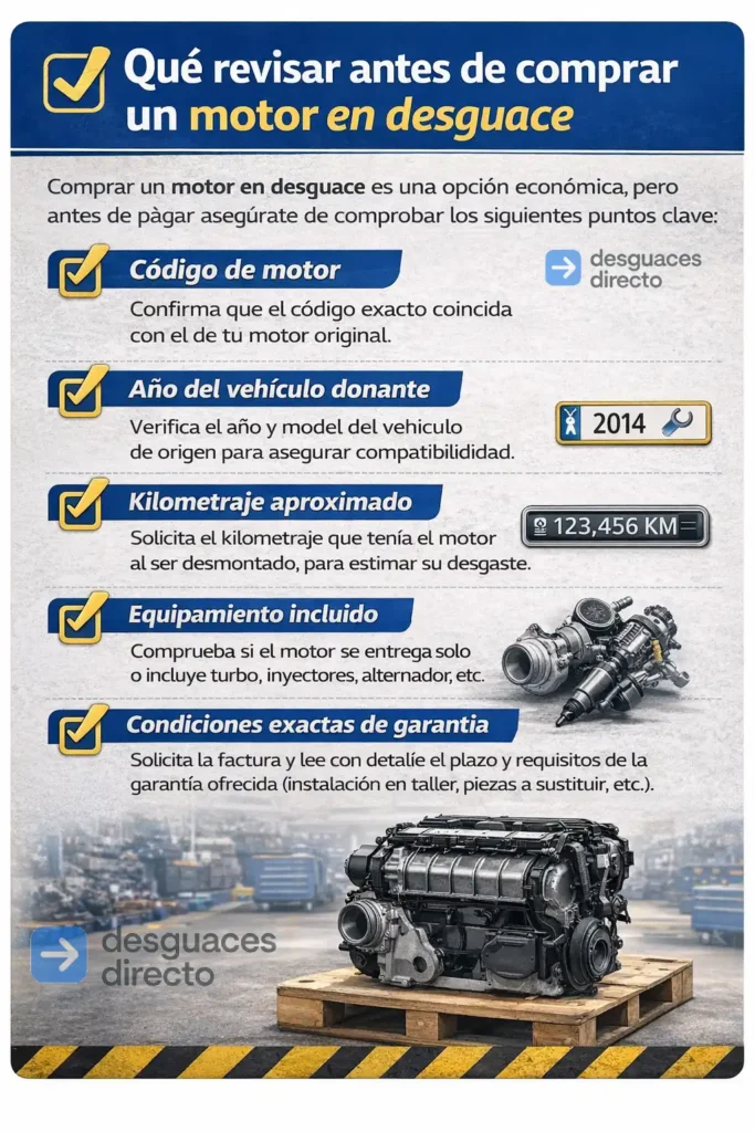 Infografía checklist con los puntos clave que revisar antes de comprar un motor en desguace