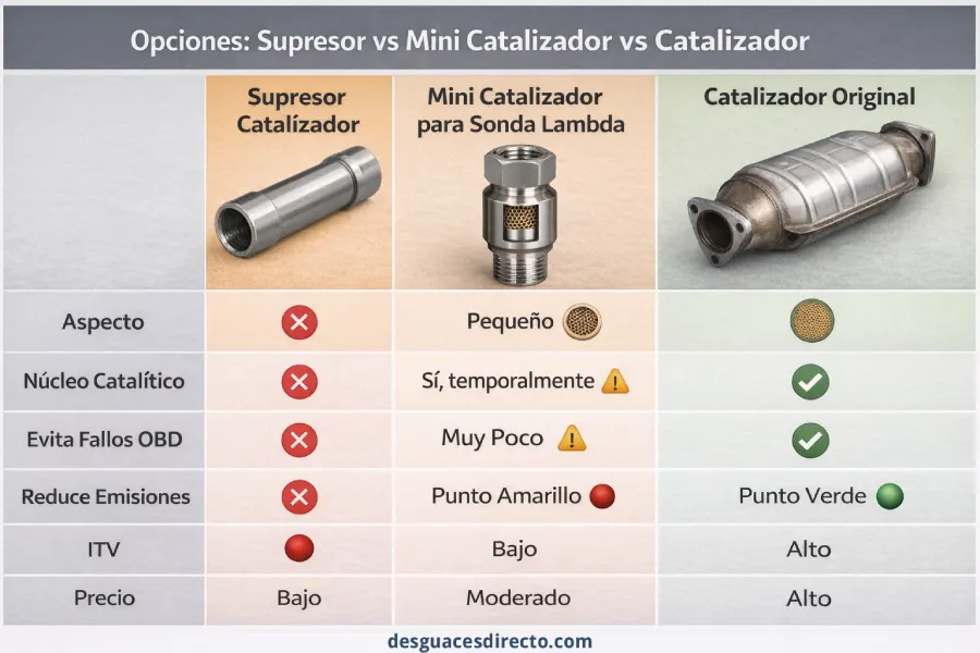 tabla comparativa entre supresor de catalizador mini catalizador y catalizador original con diferencias en emisiones itv y precio