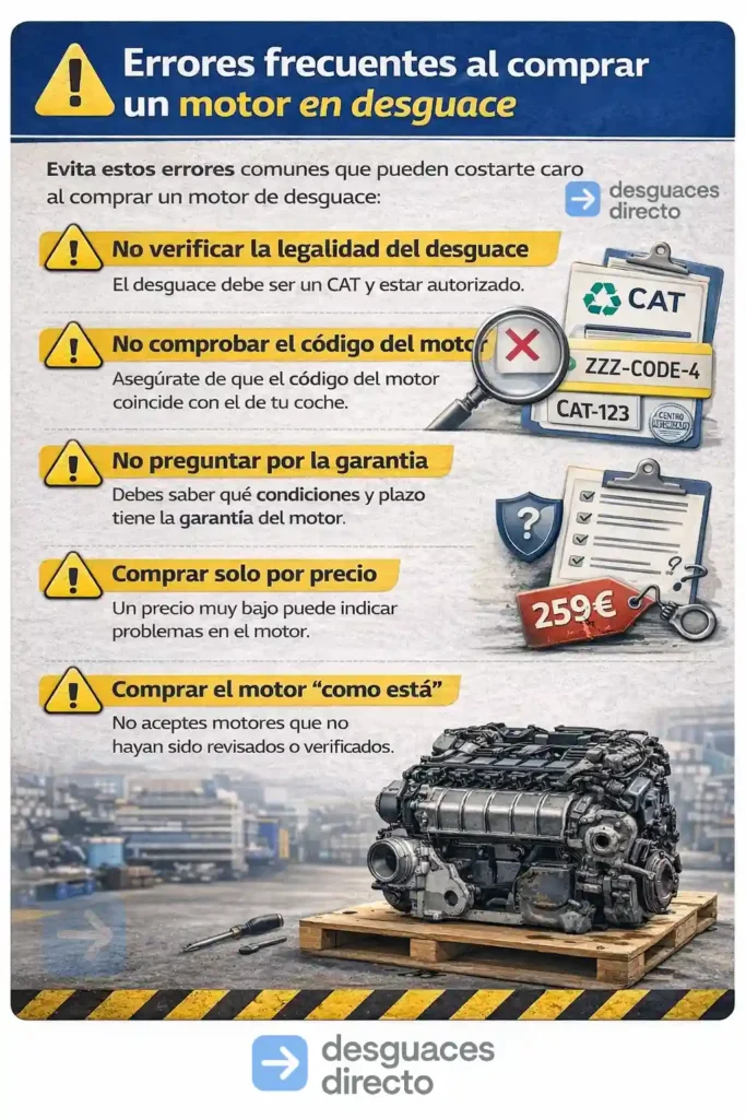 Infografía con los errores frecuentes al comprar un motor en desguace y cómo evitarlos