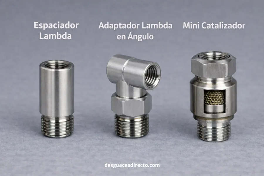comparativa espaciador lambda adaptador en angulo y mini catalizador para sonda lambda en sistema de escape