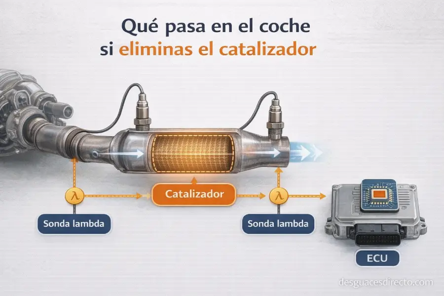 diagrama flujo sonda lambda catalizador y ecu explicando que ocurre al eliminar el catalizador en el coche