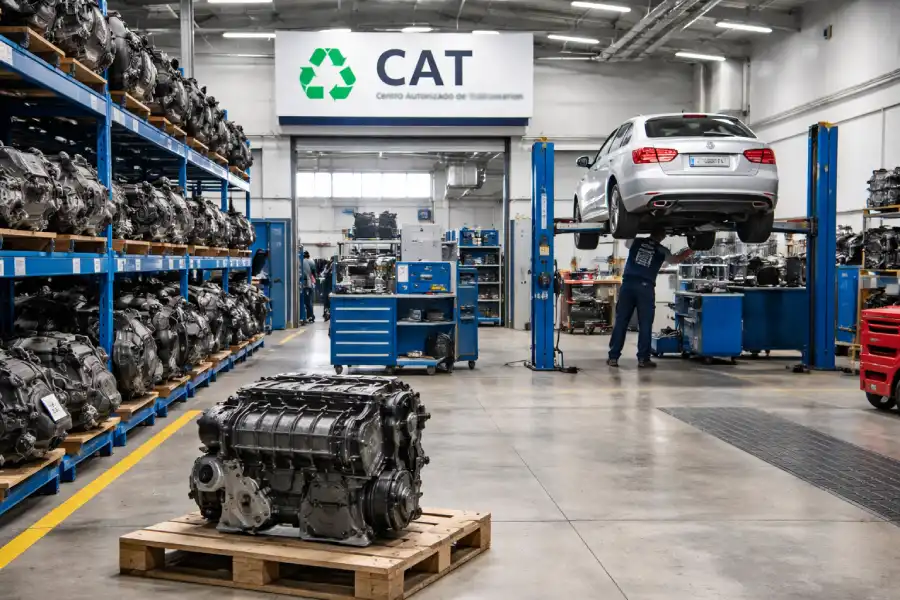 Instalaciones profesionales de un CAT autorizado con motores de desguace almacenados y vehículo en elevador