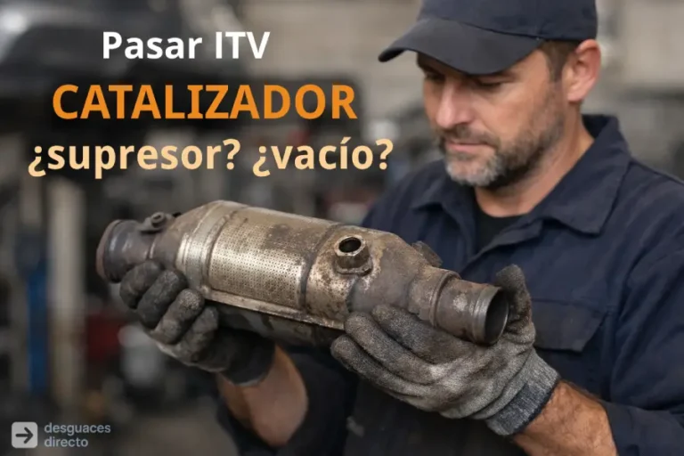 mecánico sosteniendo un catalizador desmontado en taller antes de pasar la ITV