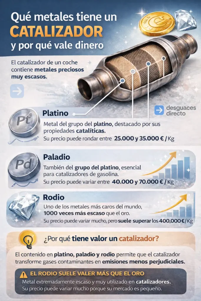 metales que contiene un catalizador: platino, paladio y rodio y por qué tienen valor