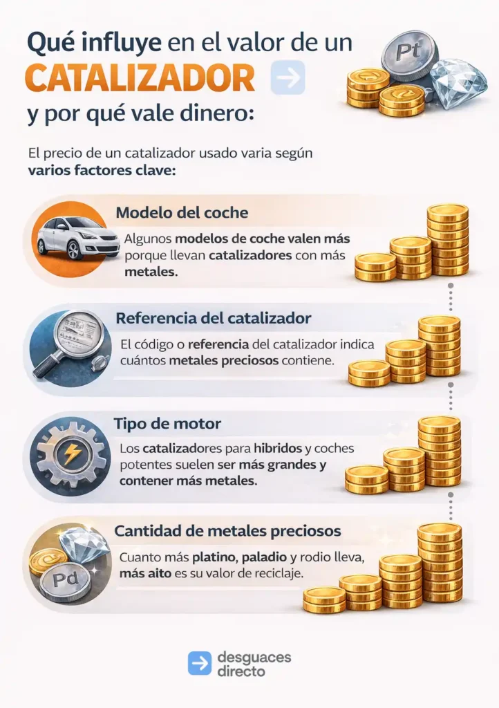 factores que influyen en el valor de un catalizador: modelo del coche, referencia del catalizador, tipo de motor y cantidad de metales preciosos
