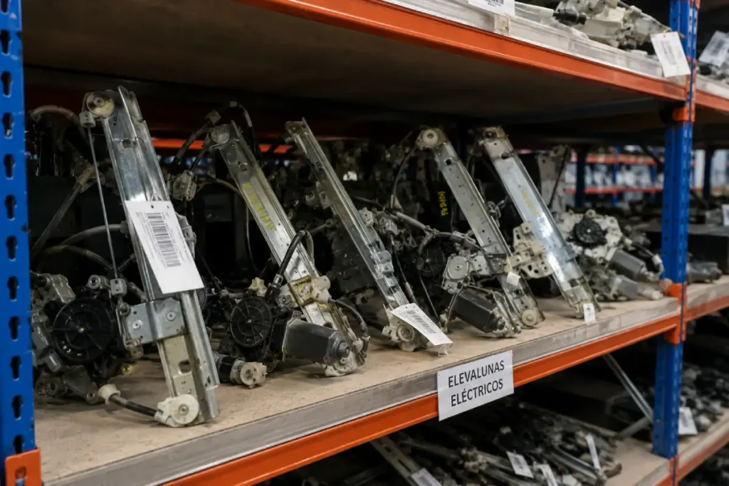 Elevalunas eléctricos de segunda mano almacenados en un desguace para su reutilización como recambio de coche.