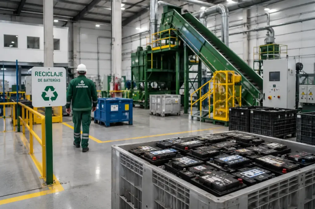 Instalación especializada en reciclaje de baterías de automóvil con almacenamiento controlado, maquinaria industrial y operario en una planta de recuperación de materiales.