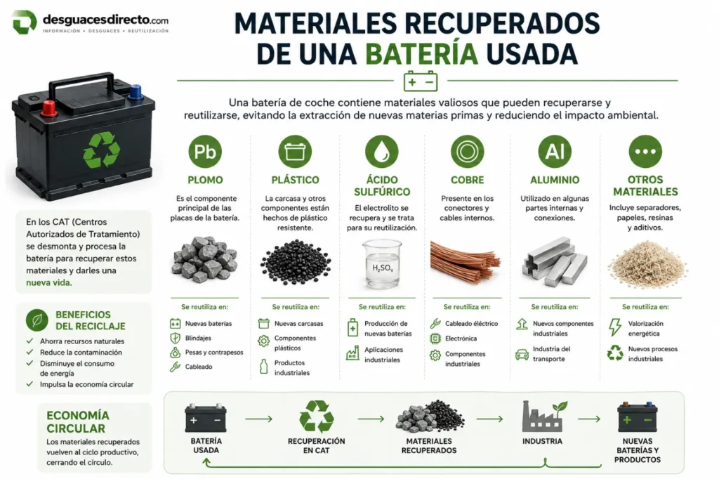 Infografía sobre los materiales recuperados de una batería usada de coche, incluyendo plomo, plástico y electrolito, y su reutilización mediante procesos de reciclaje y economía circular.