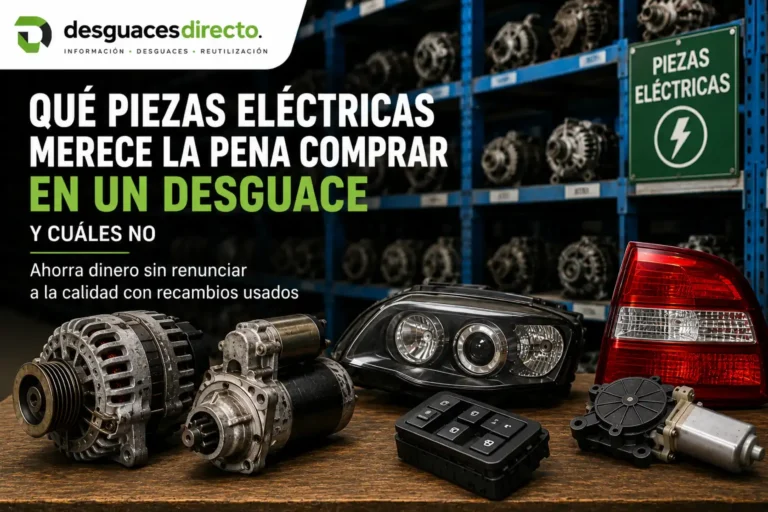 Piezas eléctricas de coche recuperadas en un desguace, incluyendo alternador, motor de arranque, faro, piloto y elevalunas eléctrico.
