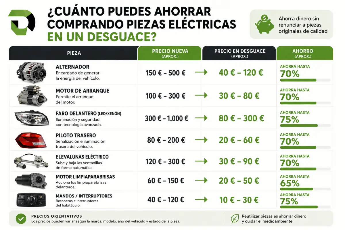 Infografía sobre el ahorro al comprar alternadores, motores de arranque, faros y otras piezas eléctricas de segunda mano en desguace.